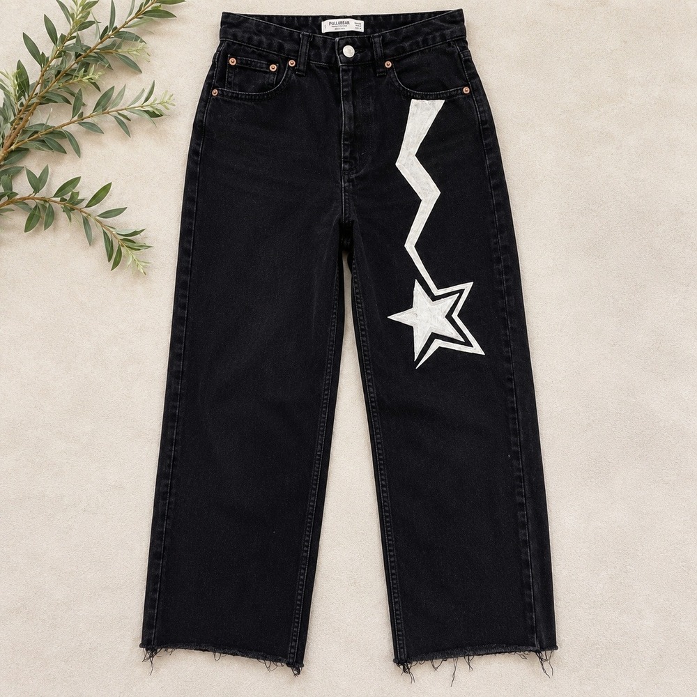 Pull&Bear Wide Leg Jeans Black Graphic Star Lightning Bolt Raw Hem Size 0